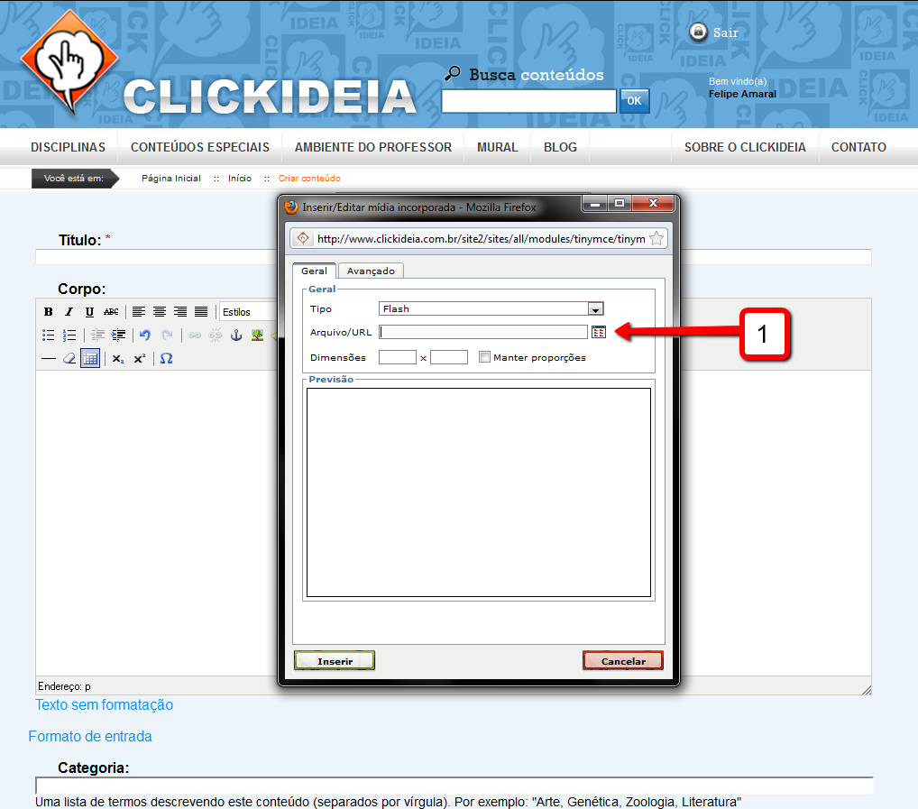 13 1. No post do blog, clique em Inserir/ Editar Mídia Incorporada. 1. Clique no botão para abrir o gerenciador de arquivos.