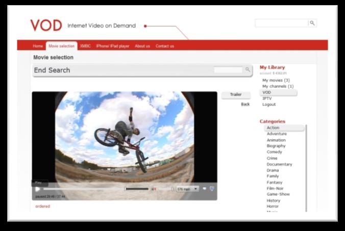 Streaming para PC Portal VOD/IPTV Portal Web baseado em Flash para usuários finais Navegar catálogo de filmes/ IPTV, encomendar vídeos, assistir no navegador RTMPE streaming