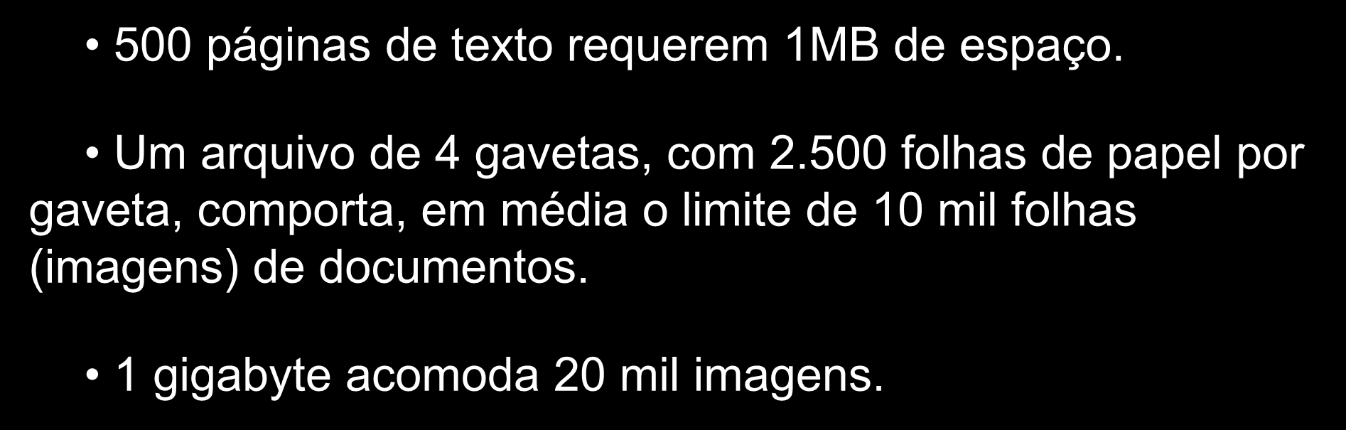 Curiosidades... 500 páginas de texto requerem 1MB de espaço. Um arquivo de 4 gavetas, com 2.