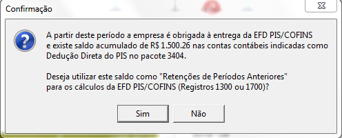 Assim, no primeiro mês da EFD PIS/COFINS, o sistema vai avaliar os valores constantes nas contas contábeis configuradas na base/dedução 10 Deduções do Imposto (pacote 3404), e se houver saldo