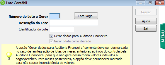 sistema sugira o próximo número vago. Descrição do Lote: Informe uma descrição que identifique facilmente nosage este lote.