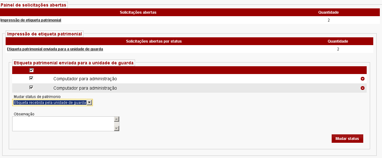 Ao clicar no link Etiqueta patrimonial enviada para a unidade de guarda o sistema exibirá a lista de bens que tiveram as etiquetas enviadas.