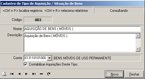 Tipo de Bens: Esta tela será utilizada para cadastrar os tipos de bens que o sistema irá controlar.