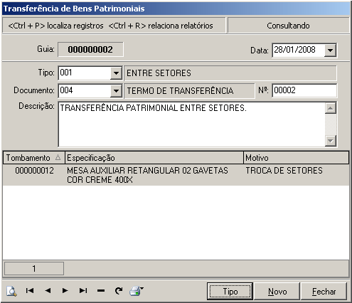 Transferência de Bens Patrimoniais: Esta tela permite ao usuário informar a data de transferência, tipo, documento, o motivo e os bens a serem transferidos.