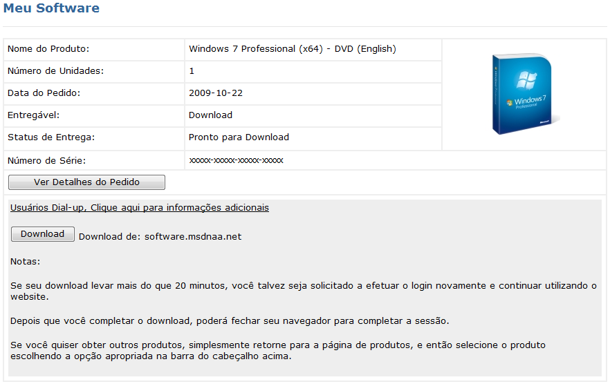 9. Informações adicionais Quando um Software for baixado pelo portal necessitar de alguma chave de licença, o mesmo será fornecido pelo MSDN-AA no campo indicado abaixo.