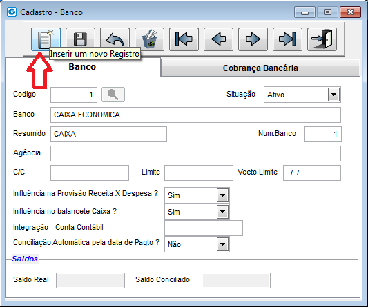 4.2. CADASTRO DE BANCO Acesse o módulo Financeiro - Clique no menu FINANCEIRO / BANCOS - Clique no botão novo, informe