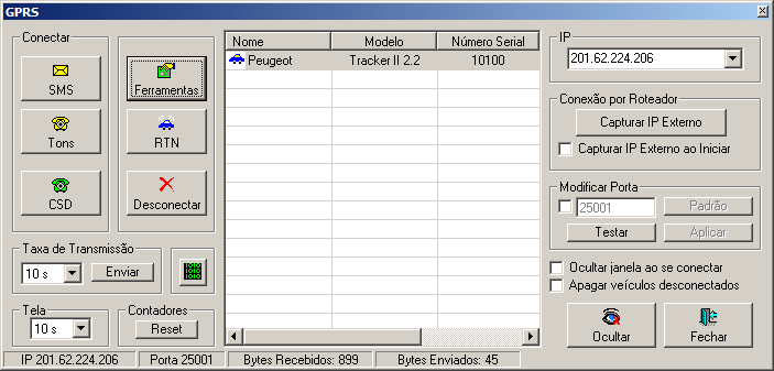 Configurando o módulo T3 Abra o programa GPS TrackMaker e conecte-se ao módulo T3 por GPRS, seguindo as instruções de conexão do manual de instruções. Na janela GPRS, aperte o botão Ferramentas.