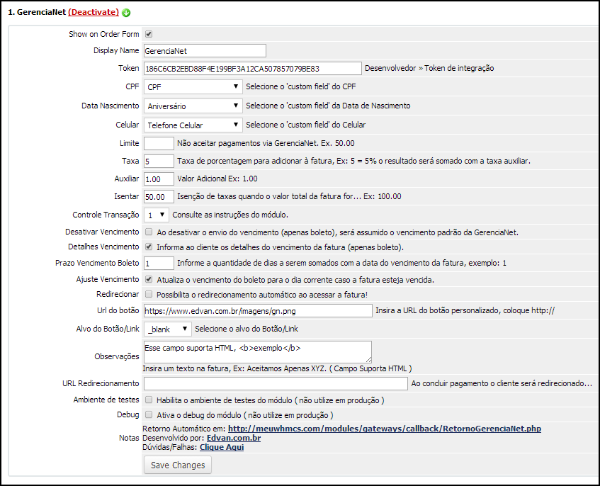 Módulo GerenciaNet para WHMCS ÍNDICE SOBRE... 2 PRINCIPAIS FUNCIONALIDADES... 2 REQUISITOS... 2 INSTALAÇÃO... 2 CONFIGURAÇÃO INICIAL... 3 CONFIGURAÇÕES DIVERSAS... 4 Campos Customizáveis... 4 Limite.