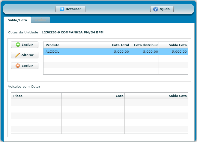 Em seguida clique no botão. O sistema abrirá a tela de alteração de saldo / cota para a Unidade.