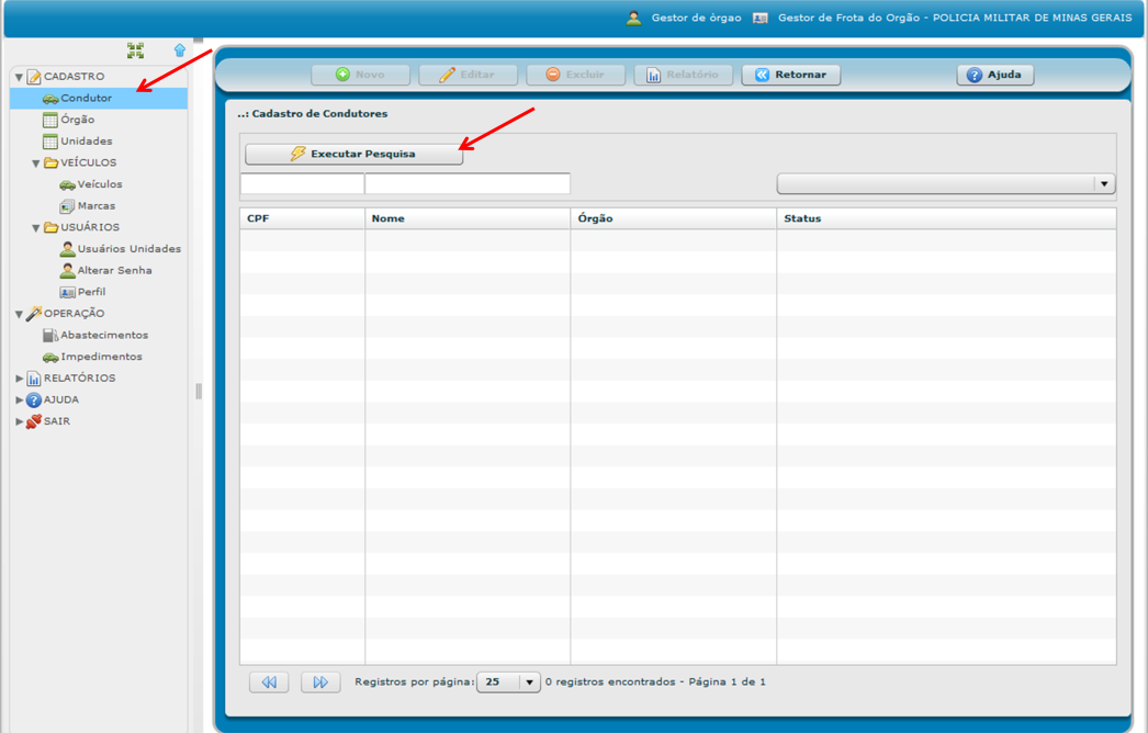 2.7.2. PESQUISA DE CONDUTOR O GFO deverá clicar em CADASTRO, logo após CONDUTOR, em