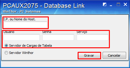 5) Clique <F2> Alterar DatabaseLink Caixa; 6) Na tela PCAUX2075 Database Link insira o número do IP Servidor de Carga; 7) Preencha os campos Usuário com o valor Carga e Senha com o valor Carga; 8)