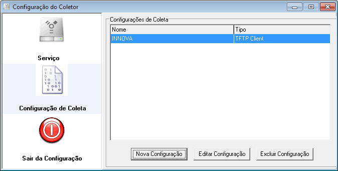 É aberto a tela com a lista de tipos de coletas possíveis; Digite um nome para a pasta onde será direcionado os bilhetes coletados e em seguida, escolha o tipo da coleta que será utilizada e as