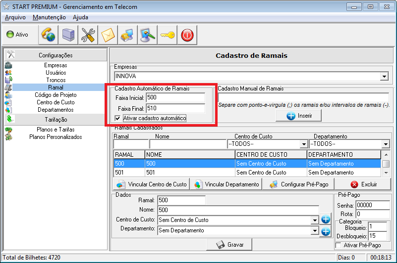 7.5 Código de Projetos Na tela de Cadastro de Código de Projetos, escolha a empresa e em seguida coloque a faixa de códigos de projetos criados no PABX.