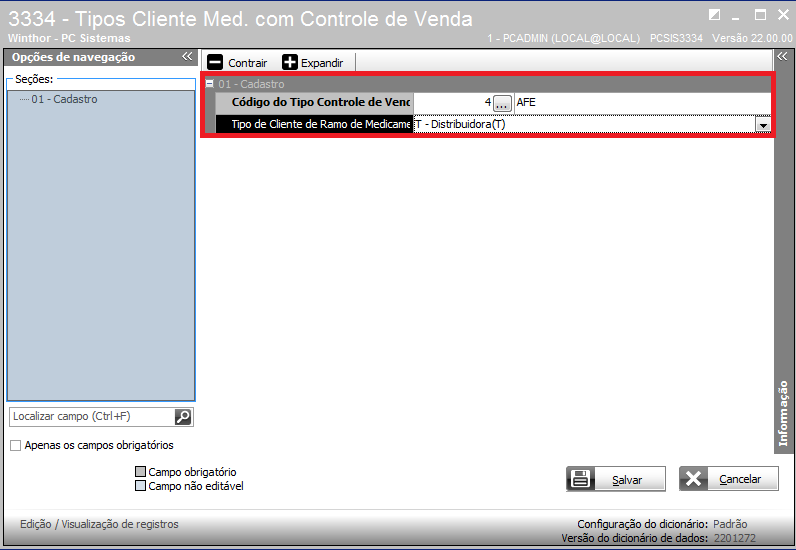 2.1 Acesse a rotina 3334 Tipos Cliente Med. Com Controle de Venda, cadastre o ramo de atividade do cliente para cada condição de venda a ser realizada. 2.