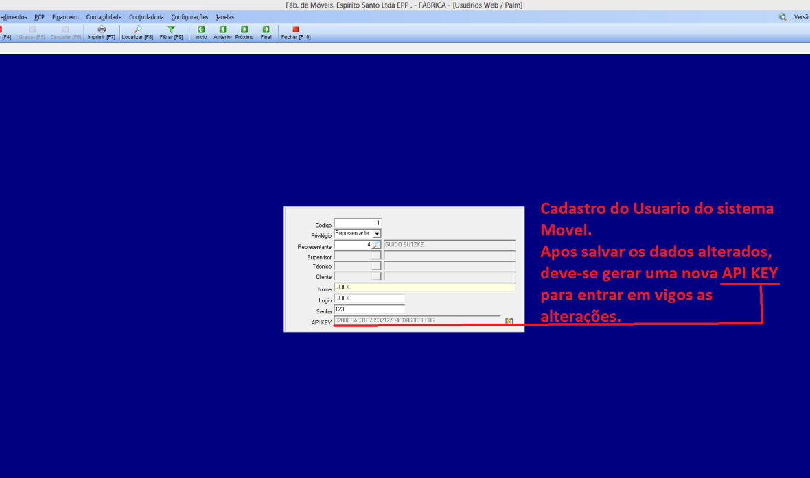 1.2. CADASTRANDO USUÁRIO PARA UTILIZAR SISTEMA MÓVEL (OBRIGATÓRIO) No sistema interno, em Arquivos -> Setor de vendas -> Usuários Web / Palm.