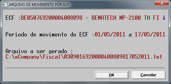 Depois de informar os produtos, tecle <ENTER> para confirmar e, no campo Arquivo a ser gerado digite o nome e caminho do arquivo ou deixe o nome e caminho sugerido pelo xcompany.