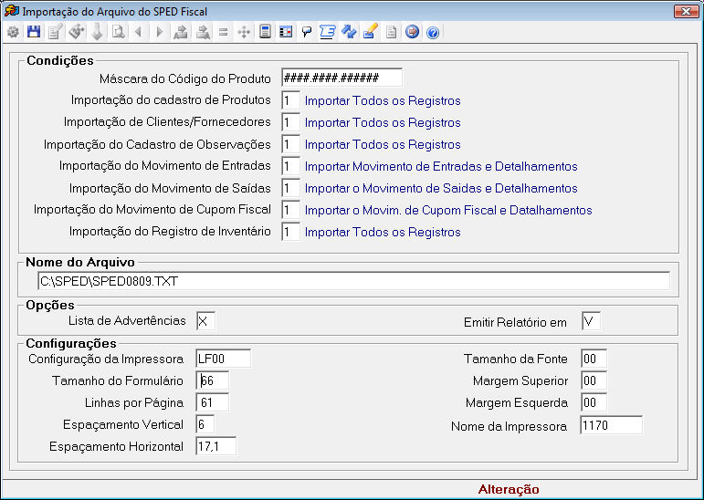 Máscara do Código do Produto: Informar máscara de acordo com código do produto apresentado no arquivo do SPED Fiscal.