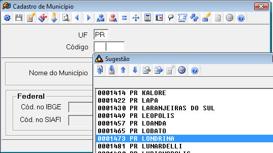 Pressione F2 e localize o município de Londrina através de Ctrl + P e selecione: Entre no cadastro com