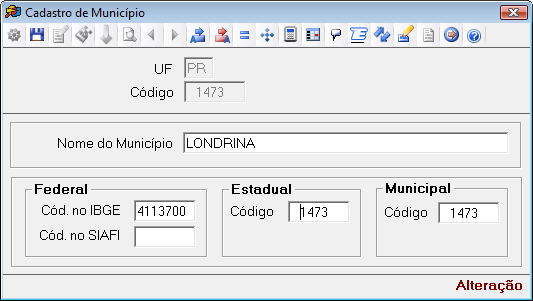 E digite o código 4113700 no campo Cód. no IBGE no cadastro PR 1473 Londrina: OBS: O município da empresa também deve ser cadastrado o código no IBGE.