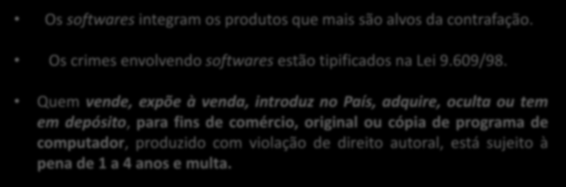 Lei do Software Os softwares integram os produtos que mais são alvos da contrafação. Os crimes envolvendo softwares estão tipificados na Lei 9.609/98.