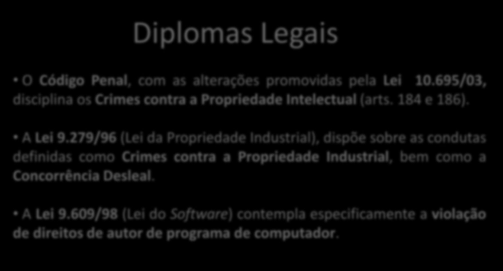 Diplomas Legais O Código Penal, com as alterações promovidas pela Lei 10.695/03, disciplina os Crimes contra a Propriedade Intelectual (arts. 184 e 186). A Lei 9.