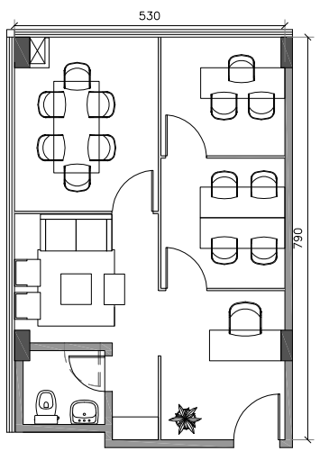 PLANTA TIPO E - 44,58m² Sugestão de Layout para um escritório de prestação de serviços.