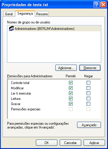 Permissões 1-Botão direito em cima do arquivo/pasta, clique em propriedades e clique na guia segurança Windows XP - Sistema de Arquivos 2-Na caixa Permissões, clique para marcar ou desmarcar a caixa