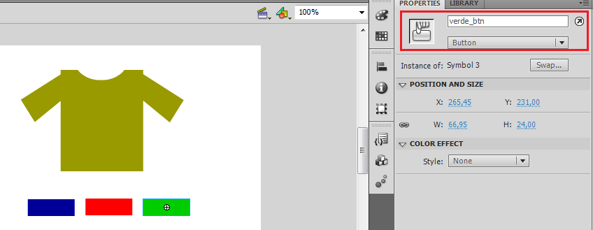 Crie três botões que mudarão as cores do Movie Clip.
