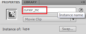 Converta ele Movie Clip (F8), instancie ele como cursor_mc. Crie uma nova camada e nomeie-a para AS. Pressione a tecla F9 para chamar o painel de ações. Adicione a seguinte ação.