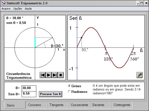 Estudo da função seno i. Escolha a opção graus. ii. Escolha a função seno. iii.insira o valor de 30 para o ângulo. iv. Clique em "Procurar Sen B" ou "Enter".