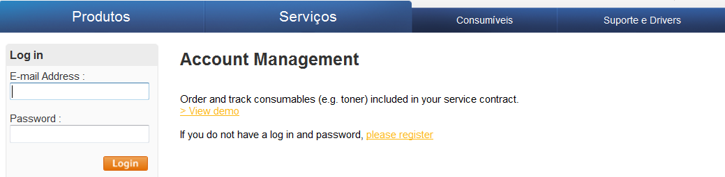 Como encomendar consumíveis for do âmbito do ASR Configure a sua conta pessoal: Entre em www.xerox.