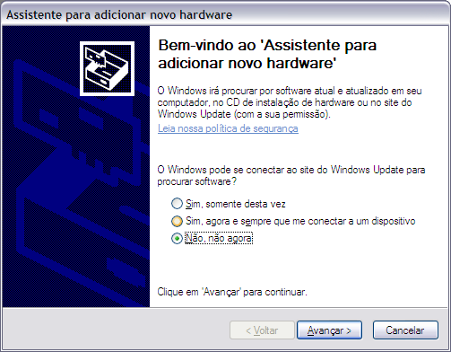 Serão solicitados automaticamente os instaladores de portas seriais do Windows XP.