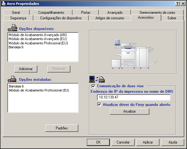 Página 14 7 Ou, para configurar automaticamente as opções instaladas recuperando as configurações do Fiery, selecione Comunicação de duas vias, digite o endereço IP ou nome DNS do Fiery e clique em