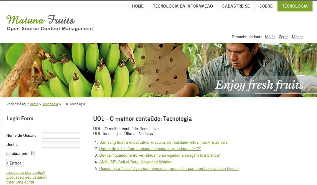 Clique em Salvar & Fechar e Visualize seu site. Clique sobre o nome do Feed para exibir as últimas notícias do mesmo.