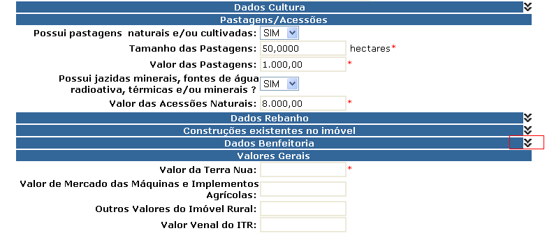 Dados de Benfeitorias Para cadastrar as benfeitorias existentes no imóvel rural, clicar no botão, conforme indicado abaixo: existentes: Passam a