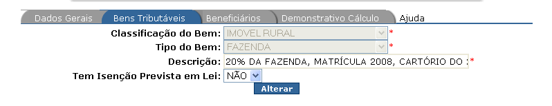 Alteração do imóvel rural cadastrado opção Alterar: Se desejar alterar qualquer informação do imóvel rural