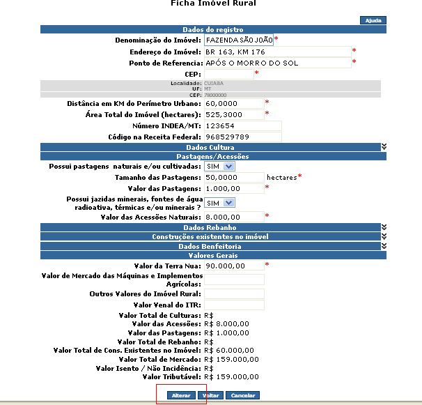 Abre-se novamente a ficha de imóvel rural com os dados cadastrados.