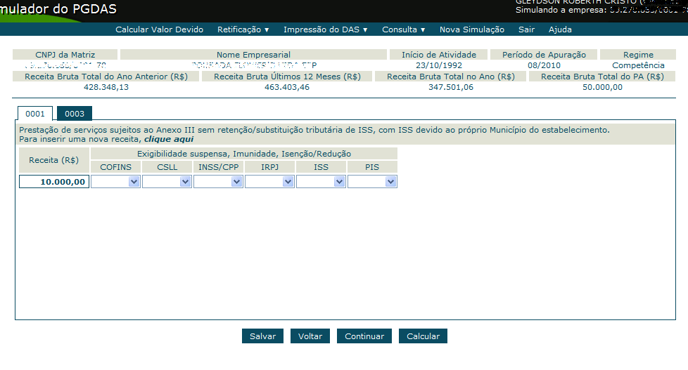 seguida voltar p/ informar as receitas desse estabelecimento e corrigir as receitas de