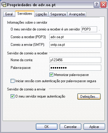 pt -> Advogados Estagiários Na caixa Servidor de correio a enviar (SMTP), indique o servidor SMTP da Ordem: smtp.oa.