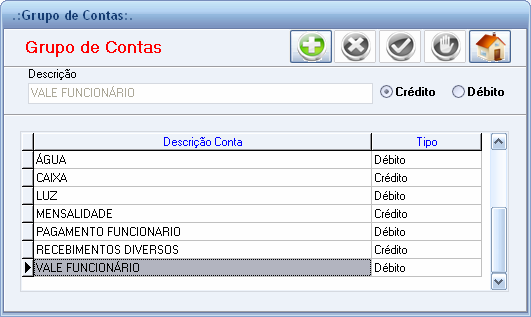 32. Grupos de Contas Nessa tela serão incluídos grupos de contas para utilização do financeiro do sistema, para isso clique no botão Novo e