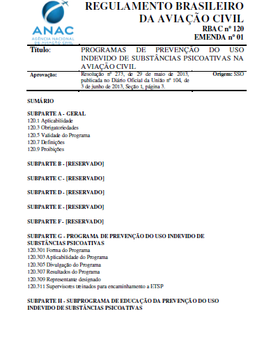 RBAC 120 - Emenda 01 Programas de prevenção do uso indevido de substâncias psicoativas na aviação