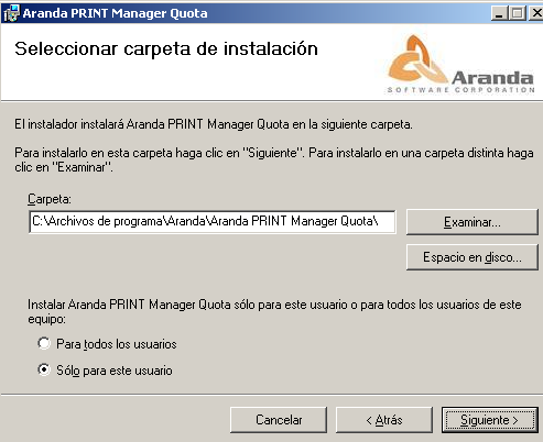 2. Depois, selecione um diretório em seu disco rígido para instalar o componente, e defina se este será ou não visível para todos os usuários da estação de trabalho ou só