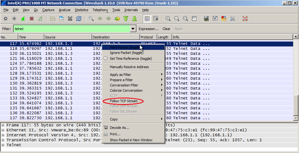 c. Execute o comando show run. R1# show run d. Insira exit para sair da sessão Telnet e do Tera Term. R1# exit Etapa 3: Pare a captura do Wireshark.