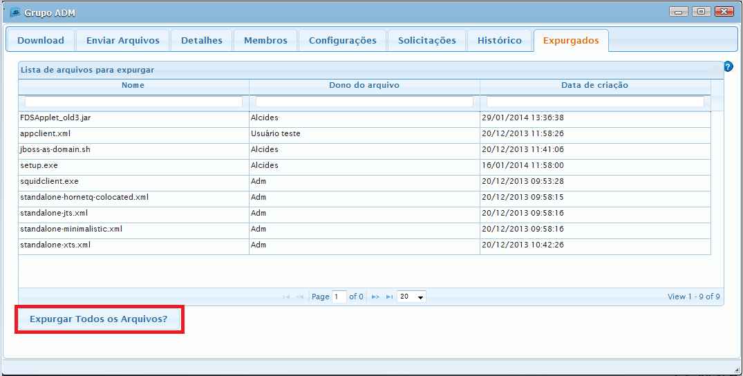 Expurgar todos os arquivos A lista dos arquivos para expurgo pode ser limpa para isso é necessário acessar a opção