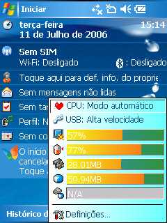 O ícone Estado ASUS O ícone Estado ASUS permite-lhe verificar facilmente o estado actual dos seguintes componentes do dispositivo: CPU, USB, brilho do ecrã LCD, carga da bateria, memória, cartão de