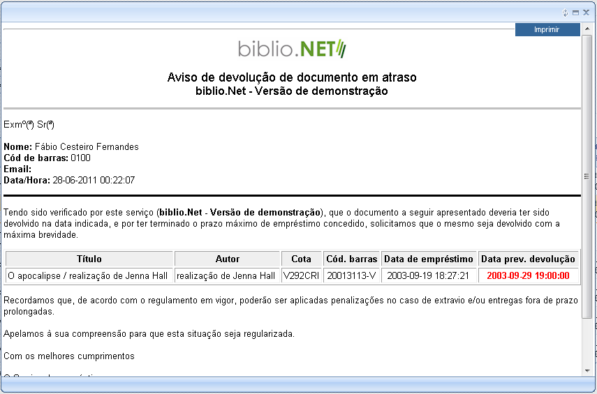 Carta de notificação de documento em atraso Caso o leitor associado ao movimento tenha documentos em