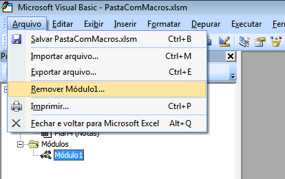 9. Remova o módulo Módulo1 da pasta Personal sem exportar os