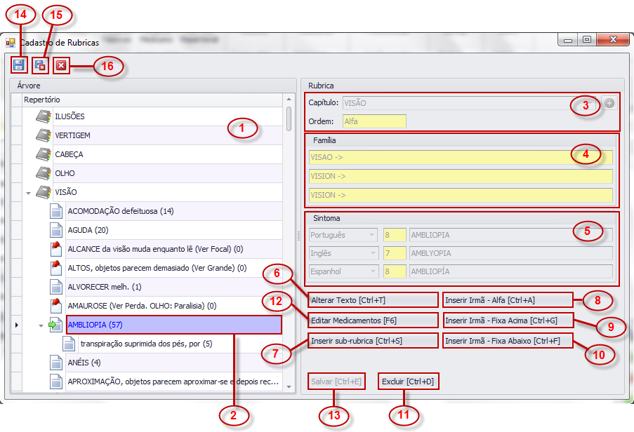 V EDIÇÃO DE RUBRICAS, MEDICAMENTOS, NOTAS E RELATÓRIOS A COMANDOS DE ACESSO VIA MENU: 1 EDIÇÃO DE RUBRICAS 1 Campo do repertório 2 Rubrica de referência 3 Criação de capítulo 4 Árvore repertorial