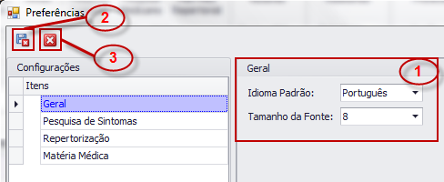 VIII CONFIGURAÇÕES COMANDO DE ACESSO VIA MENU: 1 GERAL 1 Determinação de idioma padrão e tamanho da fonte 2 Salvar alterações e sair 3 Sair 2 PESQUISA DE SINTOMAS 1 Mostrar fontes bibliográficas dos