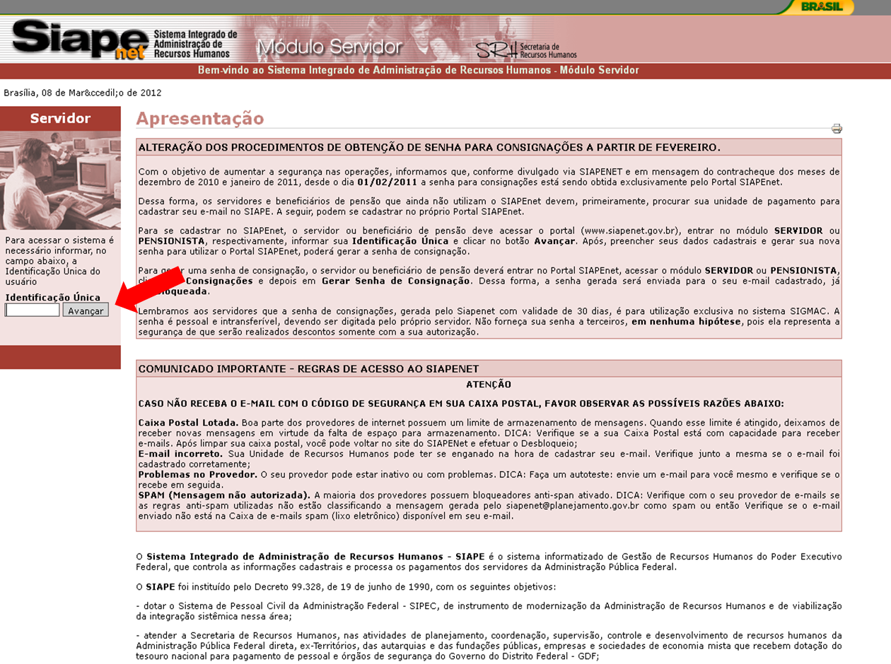 Passo 2: Digite a sua identificação única no local indicado e clique em Avançar (caso não saiba a sua identificação única, favor verificar no